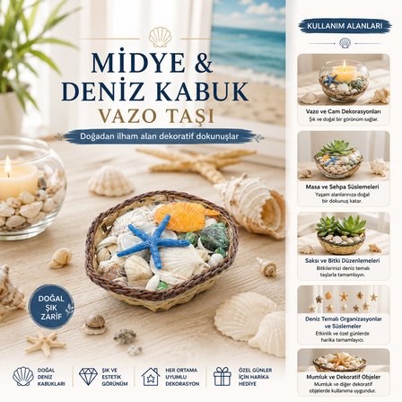KÜÇÜK - KARE - AHŞAP SEPETLİ RENKLİ MİX MİDYE - DENİZ KABUK VAZO TAŞI (5582)