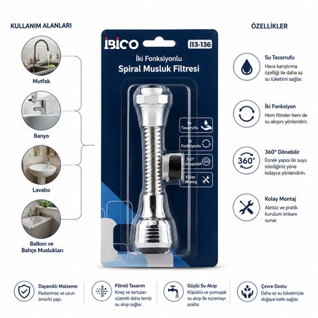 12 ADET MUSLUK UCU FİLTRESİ 2 FONKSİYONLU SPİRALLİ YAYLI - 360° DERECE DÖNEBİLEN BAŞLIK 16-19MM CAŞL
