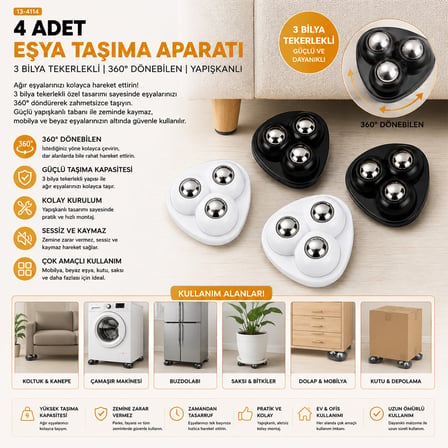 4PCS 3 BİLYA TEKERLEKLİ POŞETLİ MOBİLYA EŞYA TAŞIMA APARATI 360° (5582)