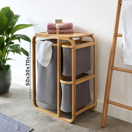 KİRLİ ÇAMAŞIR SEPETİ AHŞAP - BAMBU 3 ORGANİZER BÖLMELİ KUMAŞ ÇANTALI 50X30X70CM (5582)