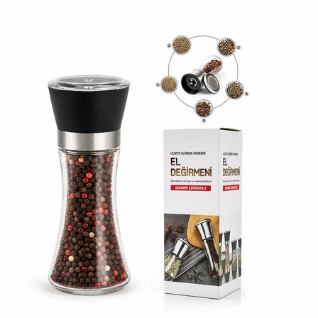 HAND GRINDER BÜYÜK CAM HAZNELİ - PLS.KAPAKLI - KROM BELLİ TUZ - BAHARAT ÖĞÜTÜCÜ (5582)