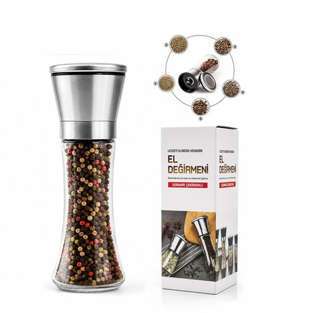 HAND GRINDER BÜYÜK CAM HAZNELİ - KROM KAPLAMA PLS.KAPAKLI TUZ - BAHARAT ÖĞÜTÜCÜ (5582)