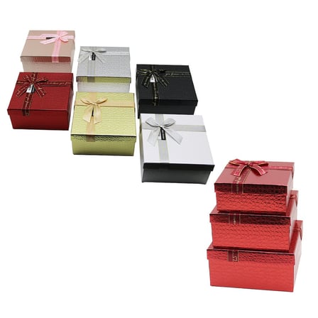 3PCS KARE PARLAK MİX RENKLİ - KABARTMA DESEN KARTON HEDİYE KUTUSU KURDELALI 19-17-15CM (5582)