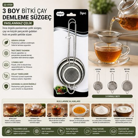 3PCS SET MİNİ= 5-7-8CM TEL SÜZGEÇ METAL ÇERÇECE METAL SAP=8.5-10.5-10.5CM (5582)