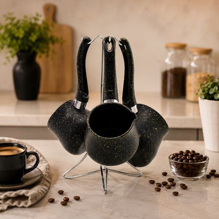4PCS 230-280-380ML GRANİT - ÇELİK CEZVE RENKLİ METAL STANDLI (5582)