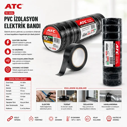 10 ADET LÜX SİYAH PVC İZOLASYON ELEKTRİK BANDI 0.13X19X11YDS 10MM - 1 PAKET GÖNDERİLİR - 1 PAKET İÇİ