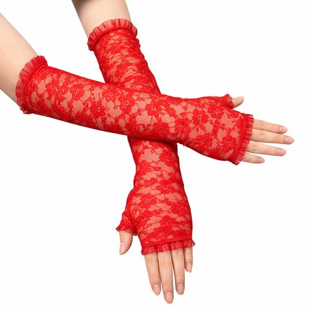 Uzun Zarif Dantel Eldiven Parmaksız Kırmızı 35 cm (5582)