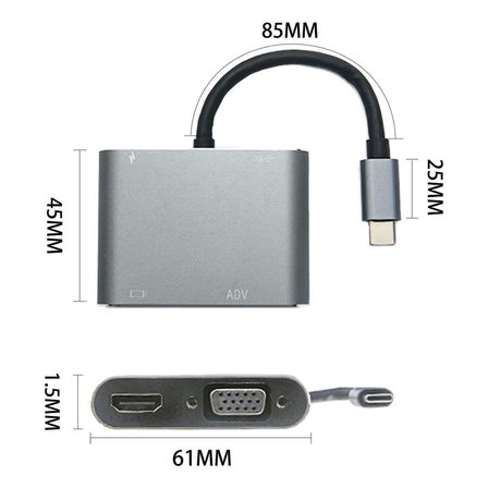 4’ü 1 Arada Type-C to Hub Dönüştürücü Adaptör – 4K Ultra HD HDMI &amp;amp; VGA Görüntü Aktarımı, PD 