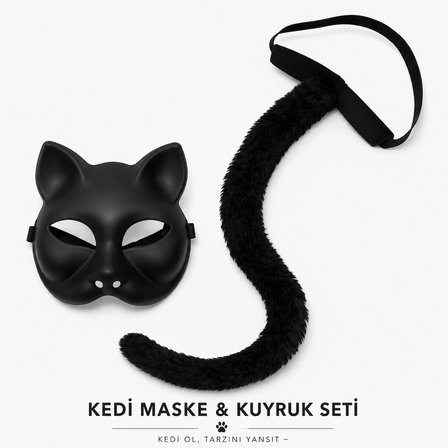 Siyah Kedi Maskesi ve Peluş Kuyruk Kostüm Seti 70 cm (5582)
