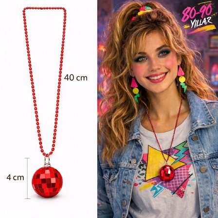 Retro Disko Topu Şekilli 80&amp;apos;ler 90&amp;apos;lar Kırmızı Renk Plastik Kolye (5582)