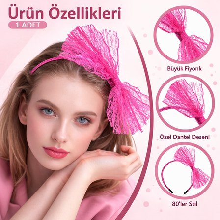 80’ler 90’lar Neon Pembe Dantel Taç Fiyonklu (5582)