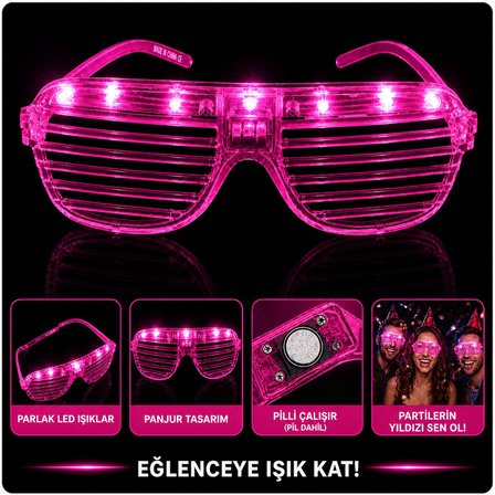 LED Işıklı Panjur Parti Gözlüğü Pembe Renk Shutter Gözlük (5582)