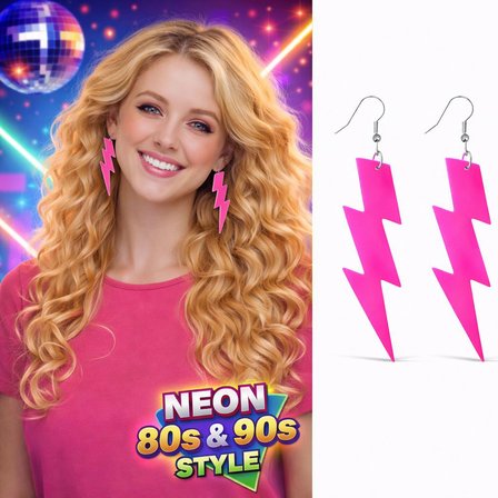 80’ler 90&amp;apos;lar Retro Neon Pembe Şimşek Küpe 10 cm (5582)