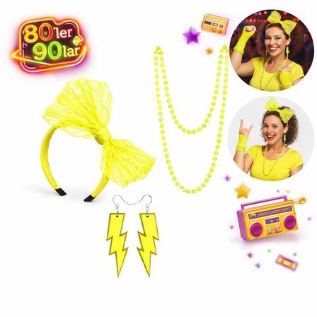 80’ler 90’lar Neon Sarı Parti Seti – Kolye Küpe Taç (5582)