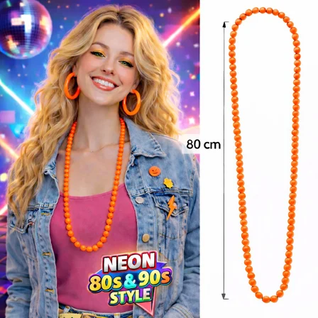Neon Turuncu Boncuk Kolye 80 cm – Retro 80’ler 90’lar Parti Aksesuarı (5582)