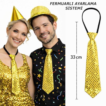 Altın Renk Pul Payetli Işıltılı Parti Kravatı 33 cm (5582)