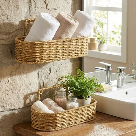 2’li Duvar Askılı Plastik Rattan Organizer – Oval Hasır Görünümlü Mutfak Raf Sepeti, Banyo ve Ev İçi