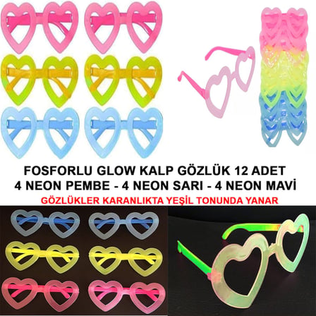 Fosforlu Kalp Model Glow Parti Gözlüğü Karanlıkta Yanan Gözlükler 12 Adet (5582)