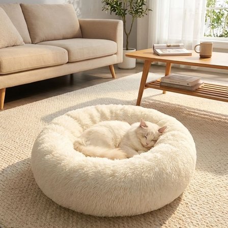 Yuvarlak Ultra Yumuşak Welsoft Peluş Kedi ve Köpek Yatağı – Kaymaz Taban Tüylü Pet Pufu,Uyku Minderi