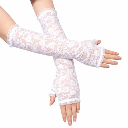 Uzun Zarif Dantel Eldiven Parmaksız Beyaz 35 cm (5582)