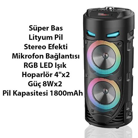 Coofbe RGB Led Işıklı Mikrofonlu 1800Mah Uzun Şarjlı Bluetooth Hoparlör Speaker Radyo Sd USB Girişli 