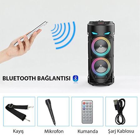 Coofbe RGB Led Işıklı Mikrofonlu 1800Mah Uzun Şarjlı Bluetooth Hoparlör Speaker Radyo Sd USB Girişli 