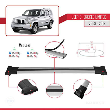 Jeep Cherokee 4 (KK) 2008-2013 Arası ile Uyumlu FLY Model Ara Atkı Tavan Barı Gri 3 Adet