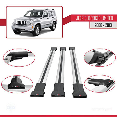Jeep Cherokee 4 (KK) 2008-2013 Arası ile Uyumlu FLY Model Ara Atkı Tavan Barı Gri 3 Adet