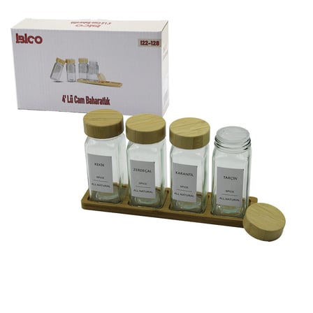 4PCS BAMBU KAPAKLI CAM TUZLUK - BİBERLİK - BAHARATLIK 120ML (5586)