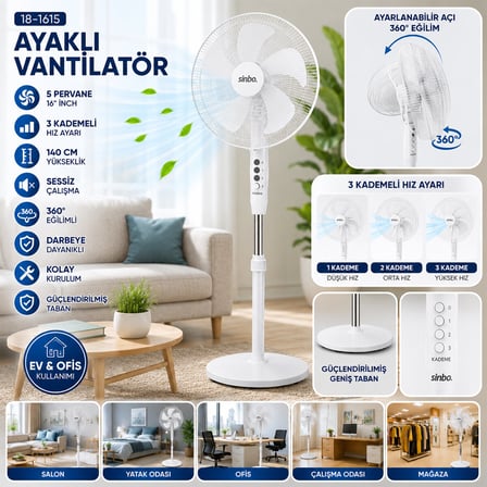 BEYAZ 5 PERVANE - 16 INC EV - OFİS KOMPAKT - SESSİZ - ÜÇ KADEME 140CM YÜKSEKLİK AYAKLI VANTİLATÖR SF-6789 (5586)