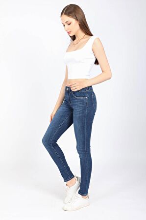 Kadın Orta Bel Streç Jean Pantolon Koyu Mavi