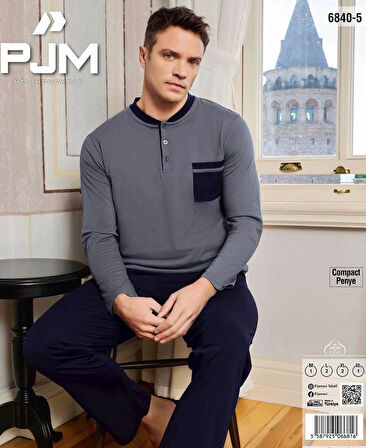 Pijamoni Erkek %100 Pamuk Penye Mevsimlik Uzun Kollu Pijama Takımı 6840