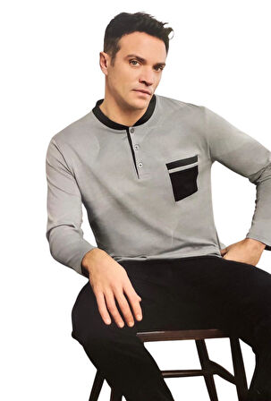 Pijamoni Erkek %100 Pamuk Penye Mevsimlik Uzun Kollu Pijama Takımı 6840