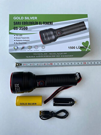 Gold Silver GS-3500 Şarjlı El Feneri Ayarlanabilen Işık Zoom 1500 Lümen 
