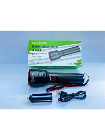Gold Silver GS-3500 Şarjlı El Feneri Ayarlanabilen Işık Zoom 1500 Lümen 