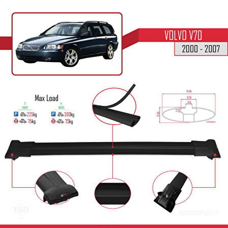 Volvo V70 2000-2007 Arası ile Uyumlu FLY Model Ara Atkı Tavan Barı Siyah 3 Adet