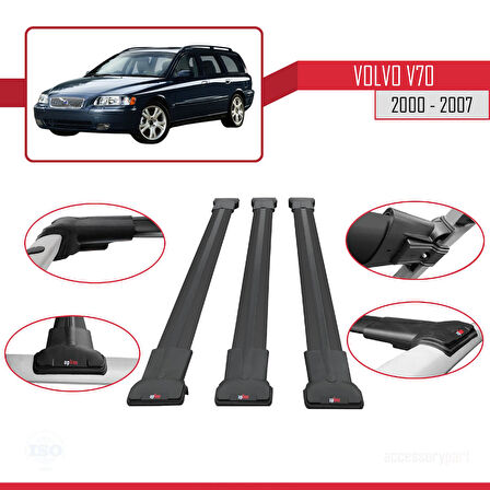 Volvo V70 2000-2007 Arası ile Uyumlu FLY Model Ara Atkı Tavan Barı Siyah 3 Adet