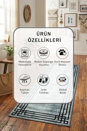 Gri Yıkanabilir Kaymaz Taban Dijital Baskılı Yolluk Halı Gri