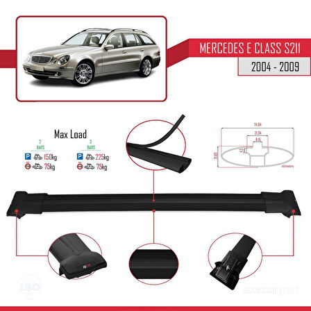 Mercedes E Class 3 (S211) 2004-2009 Arası ile Uyumlu FLY Model Ara Atkı Tavan Barı Siyah 2 Adet