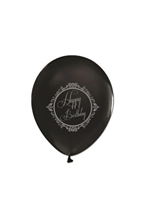 Çepeçevre Balon Happy Birthday Gümüş Baskılı Siyah 10'lu