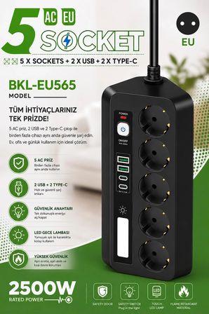 5’li Akım Korumalı Priz 2500w | 2 Usb + 2 Type-c Hızlı Şarj | Led Gece Lambalı | Dokunmatik Siyah