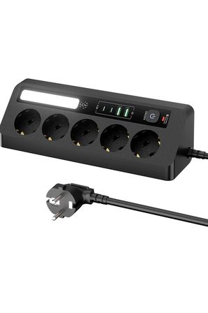 5’li Akım Korumalı Priz 2500w | 2 Usb + 2 Type-c Hızlı Şarj | Led Gece Lambalı | Dokunmatik Siyah