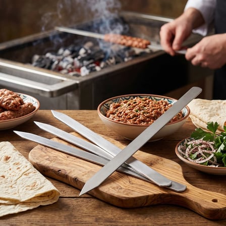 Premium Adana Kebap Şişi 60 cm Yassı Metal Mangal Ekipmanı Et Pişirme Izgara Aleti Mangalcı Hediyesi