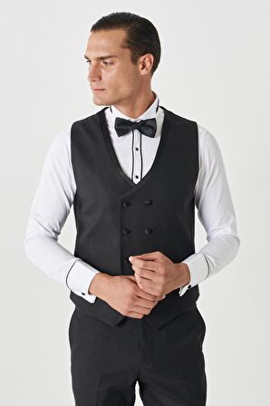 Erkek Siyah Slim Fit Dar Kesim Mono Yaka Desenli Yelekli Smokin Takım
