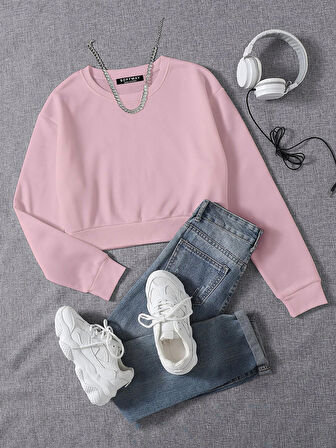 Kadın Basic Crop İçi Polarlı Oversize Sweatshirt - PEMBE