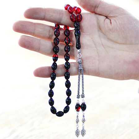 925 Ayar Gümüş Çift Püsküllü Arpa Kesim Süzme Kırmızı Ateş Kehribar Tesbih