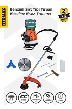 RTM9640 Benzinli Sırt Tipi Tırpan 63Cc 3.0Hp (Tırpan Bıçağı,Misina Başlığı,Tırpan Testeresi Hediye)