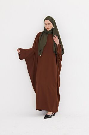 Açık Kahve Yarasa Kol Oversize Medine İpeği Arkası Düğmeli Düz Elbise 4001_47