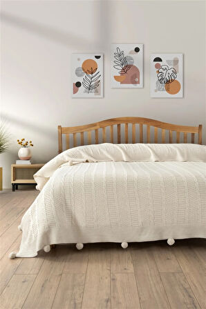 Sevim Çift Kişilik Triko Örme Battaniye - Yumuşak Dokulu & Şık Yatak Örtüsü - 220x240 cm Battaniye - Krem