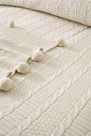 Sevim Çift Kişilik Triko Örme Battaniye - Yumuşak Dokulu & Şık Yatak Örtüsü - 220x240 cm Battaniye - Krem